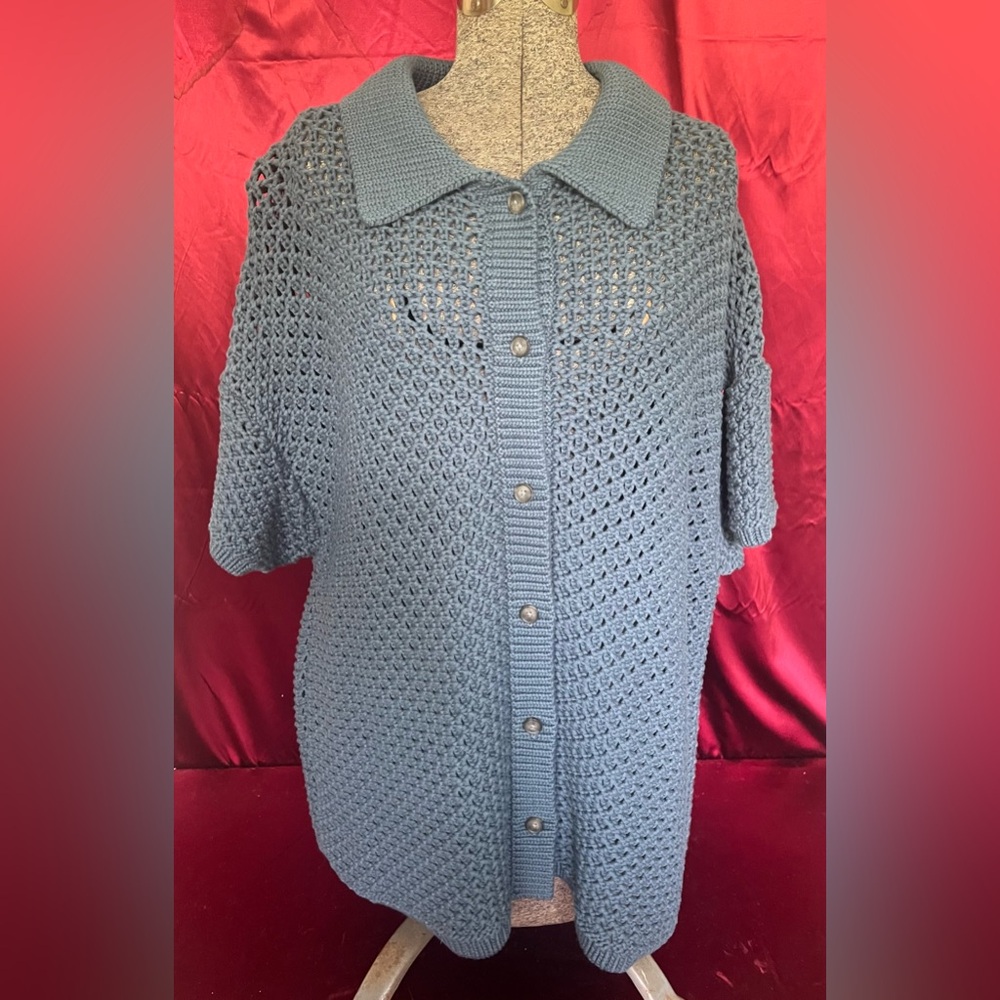 Haven Blue Crochet Button-Up Cotton Cardigan